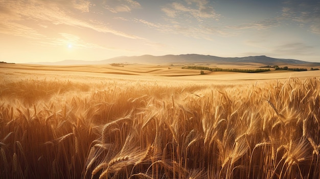 Un campo di grano dorato con il sole che tramonta dietro di esso