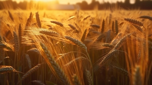 Un campo di grano dorato con il sole che tramonta dietro di esso