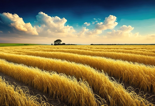 Un campo di grano dorato con un cielo blu e nuvole