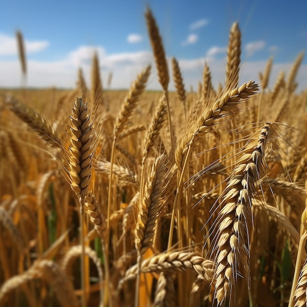 Un campo di grano dorato con un cielo blu sullo sfondo.