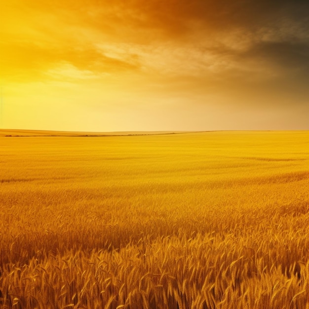 Un campo di grano dorato con un tramonto sullo sfondo