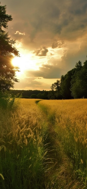 Un campo di grano dorato con un tramonto sullo sfondo.