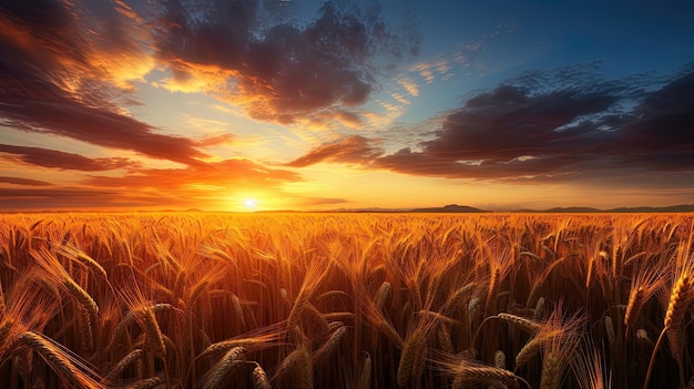 Un campo di grano e un bellissimo tramonto al neon