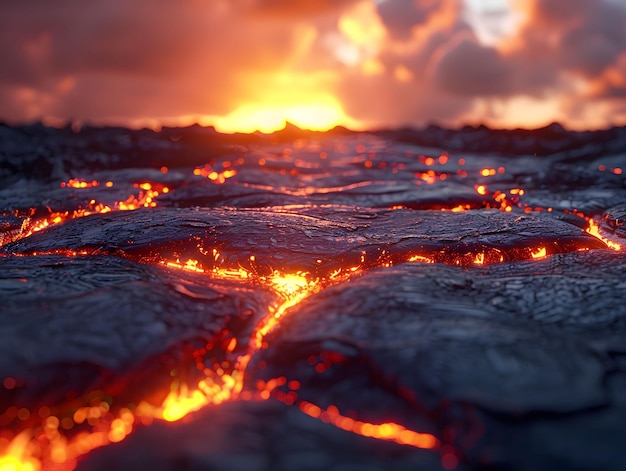 un campo di lava con un tramonto sullo sfondo