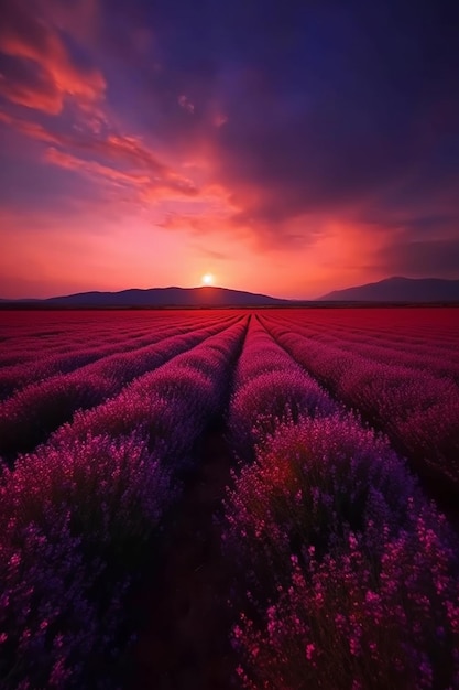 Un campo di lavanda al tramonto.