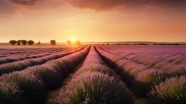 Un campo di lavanda con il sole che tramonta dietro di esso