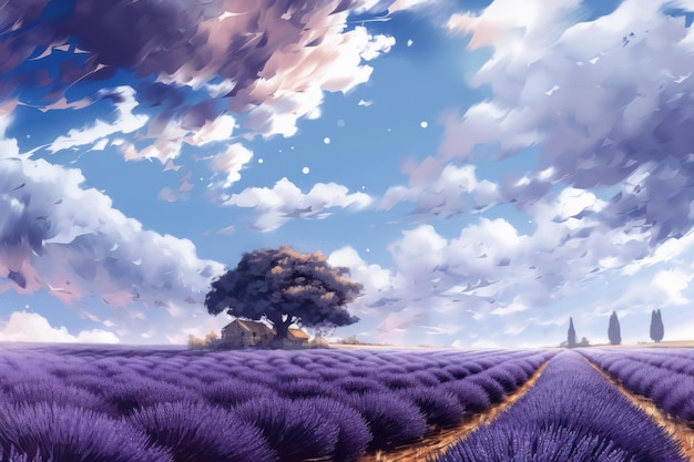 Un campo di lavanda con un albero all'orizzonte