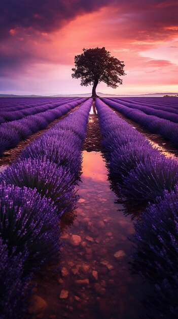 Un campo di lavanda con un albero in primo piano