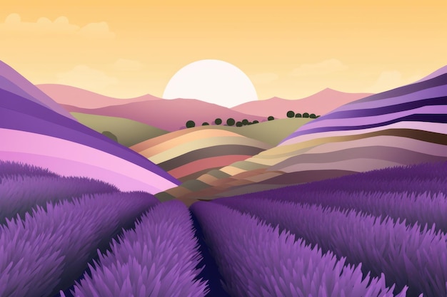 Un campo di lavanda con un tramonto sullo sfondo.