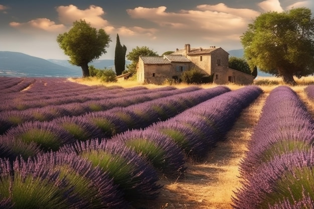 Un campo di lavanda con una casa sullo sfondo IA generativa