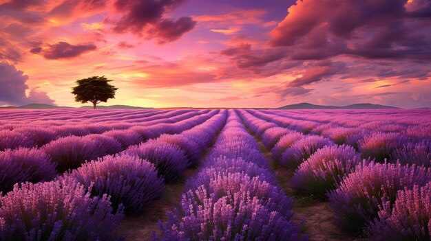 Un campo di lavanda e un albero di un vivido viola al tramonto