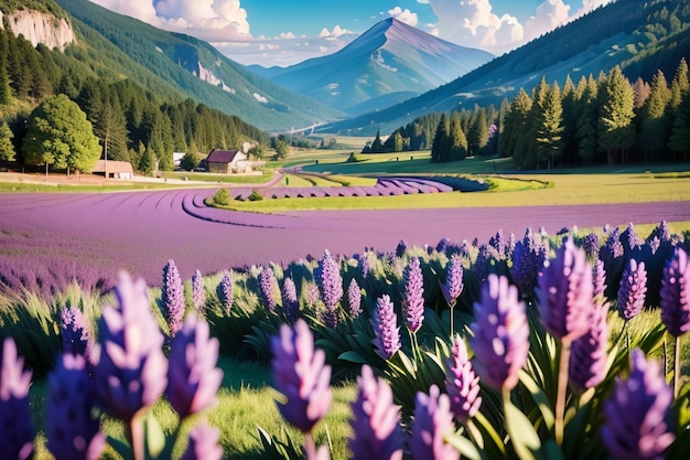 Un campo di lavanda in montagna con una montagna sullo sfondo