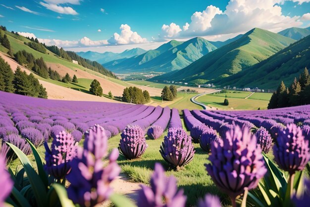 Un campo di lavanda in montagna