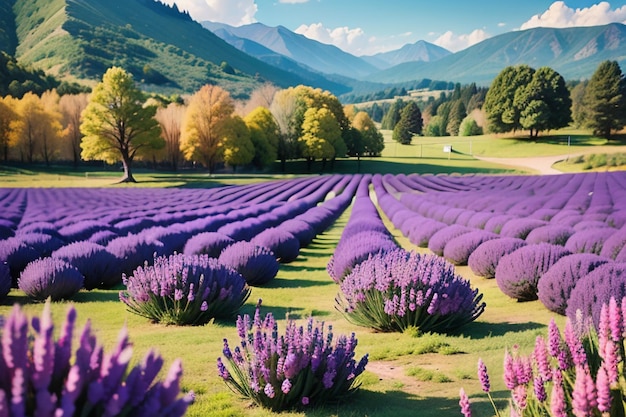 Un campo di lavanda in montagna