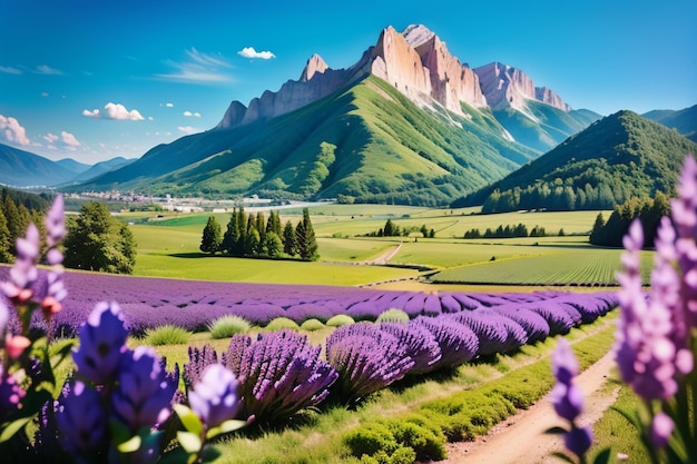 Un campo di lavanda in montagna