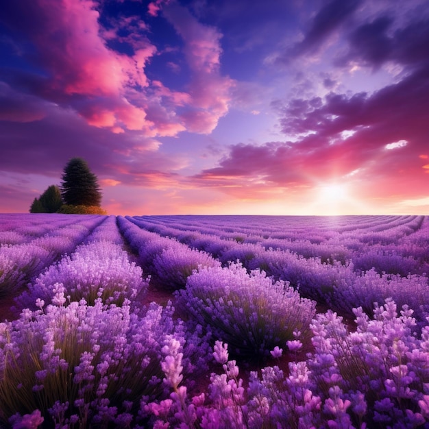 Un campo di lavanda in piena fioritura sotto un cielo viola vivido