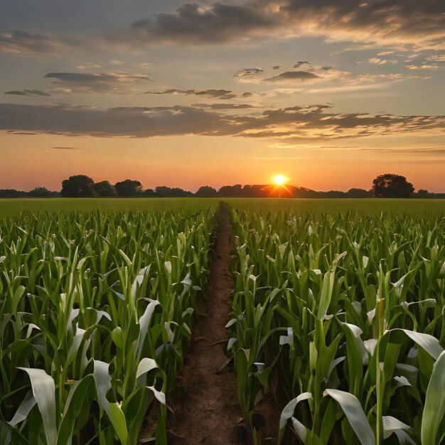 un campo di mais con il sole che tramonta dietro di esso