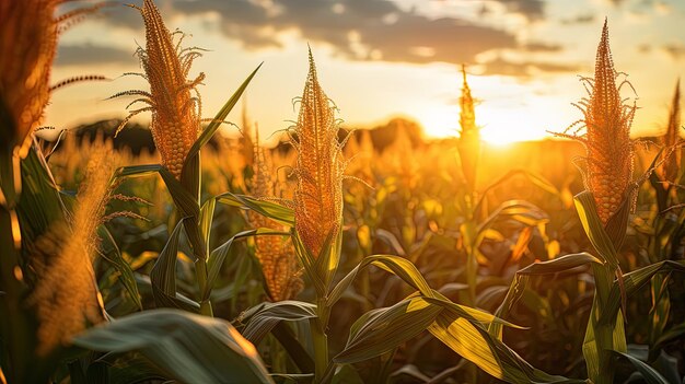 un campo di mais con il sole che tramonta dietro di esso
