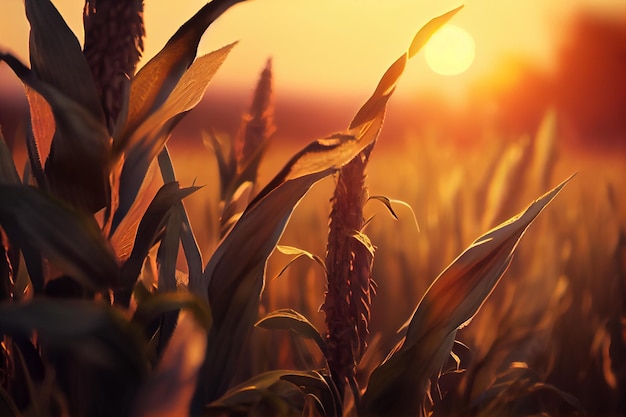 Un campo di mais con il sole che tramonta dietro di esso