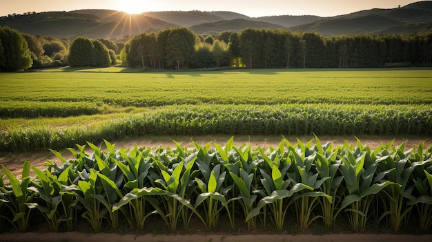 Un campo di mais con il sole che tramonta dietro di lui.