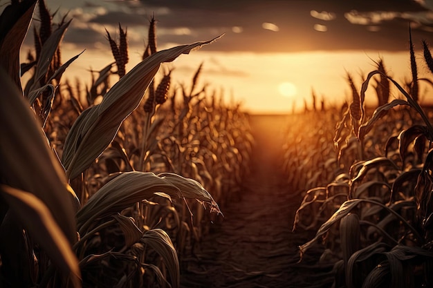 Un campo di mais con il sole che tramonta sullo sfondo IA generativa