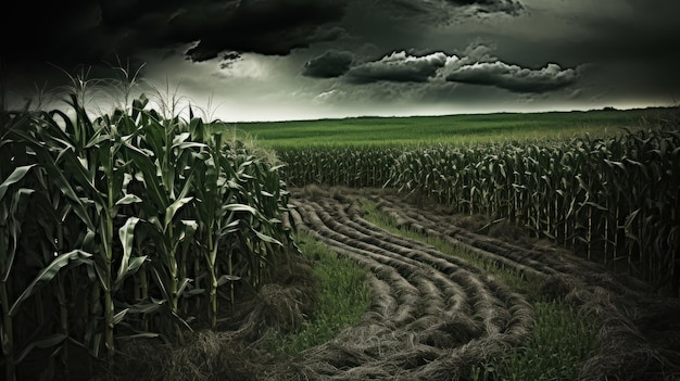 Un campo di mais con un cielo nuvoloso sullo sfondo.