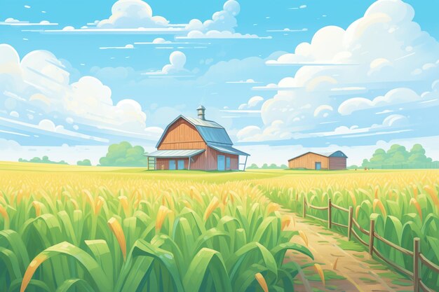 Un campo di mais con un fienile lontano
