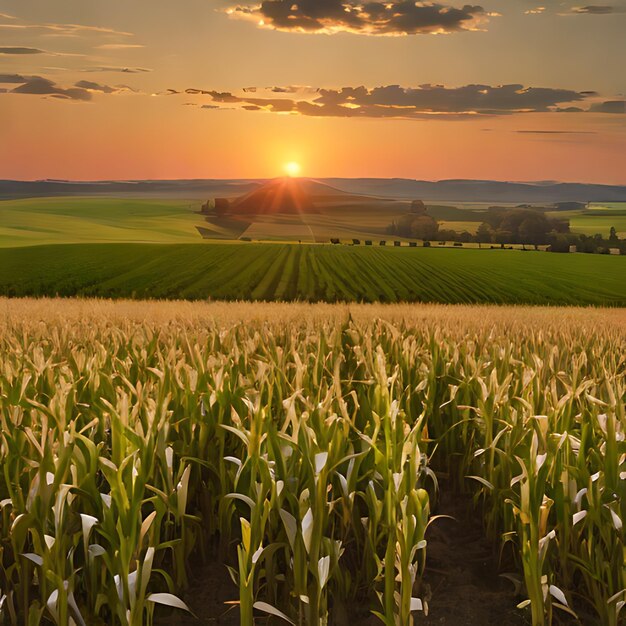 un campo di mais con un tramonto sullo sfondo