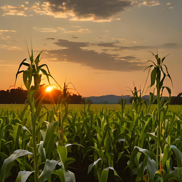 un campo di mais con un tramonto sullo sfondo