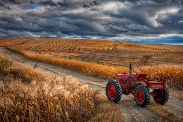 Un campo di mais con un trattore rosso parcheggiato al bordo