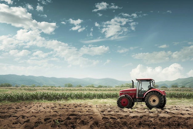 Un campo di mais con un trattore rosso parcheggiato al bordo