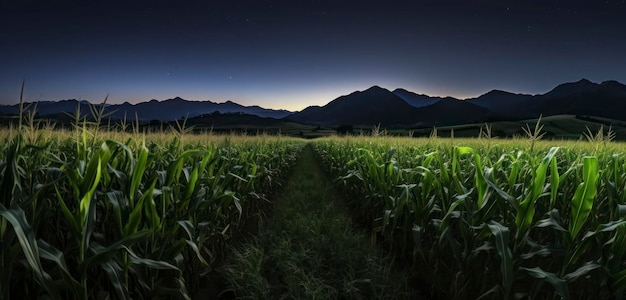 Un campo di mais con una montagna sullo sfondo