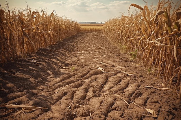 Un campo di mais con una pista sterrata che è stata arata e presenta alcune tracce.