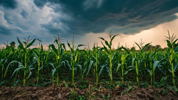 Un campo di mais sullo sfondo di un cielo tempestoso pieno di nubi oscure