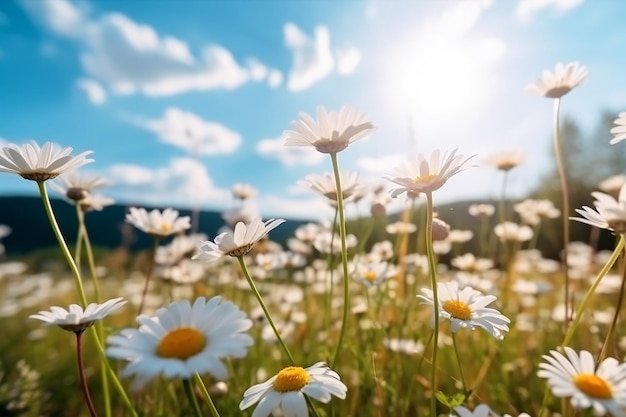 Un campo di margherite con il sole che splende all'orizzonte