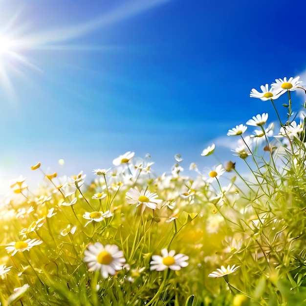 un campo di margherite con il sole che splende attraverso il cielo