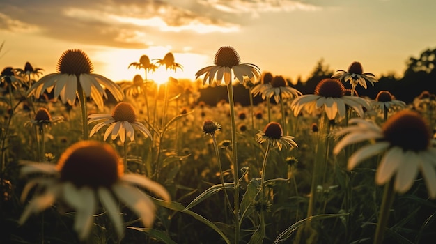 Un campo di margherite con il sole che tramonta alle sue spalle