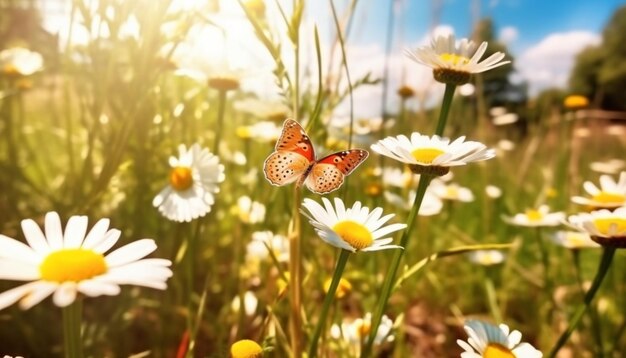 Un campo di margherite con sopra una farfalla