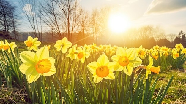 Un campo di narcisi con il sole che splende attraverso gli alberi.