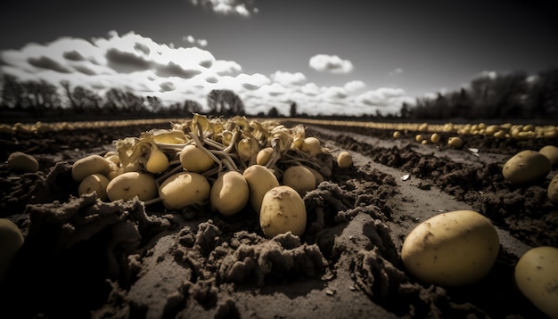 Un campo di patate con un cielo nuvoloso sullo sfondo