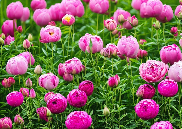 Un campo di peonie rosa con foglie verdi e una macchia gialla sul fondo.