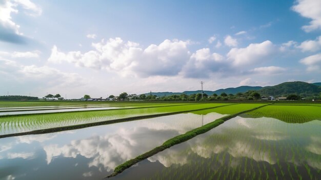 Un campo di riso con le montagne sullo sfondo