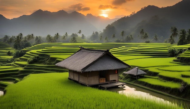 un campo di riso con una casa sullo sfondo