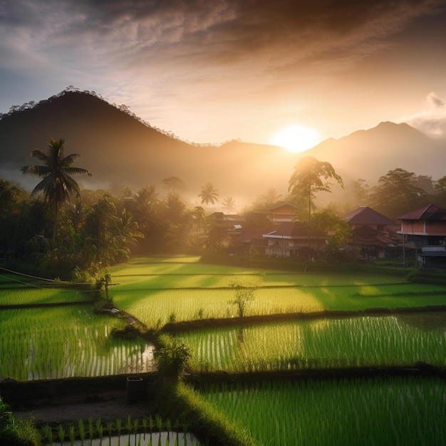 Un campo di riso in montagna al tramonto