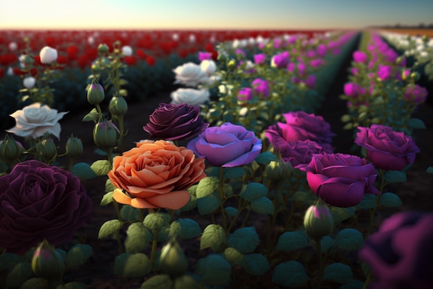 un campo di rose colorate