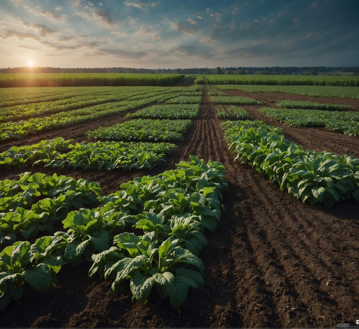 un campo di soia con il sole che splende su di loro