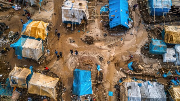 Un campo di tende per l'aiuto in caso di catastrofe mostrato da una prospettiva aerea mentre gli operai distribuiscono rifornimenti Giornata umanitaria mondiale 19 agosto