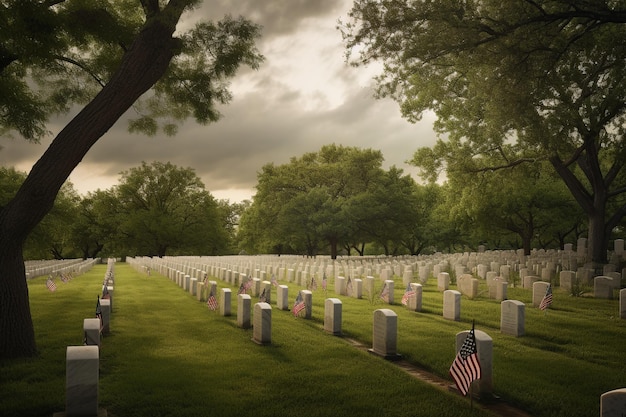 Un campo di tombe con la bandiera americana sul terreno