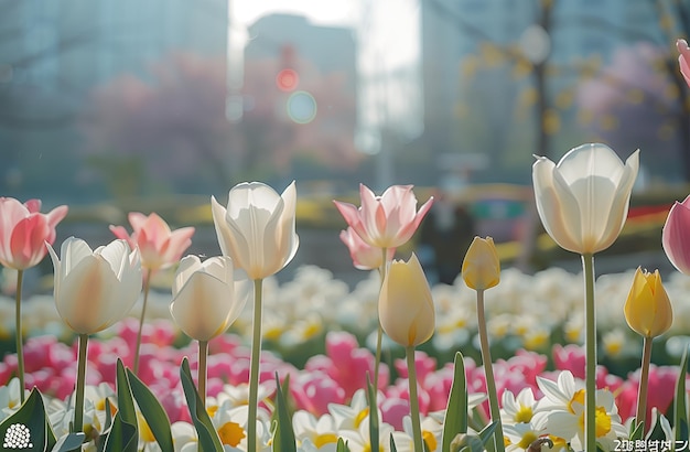 un campo di tulipani bianchi con la parola tulipani al centro