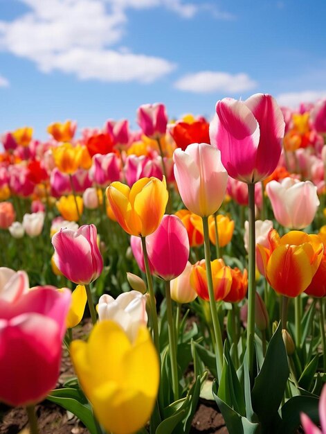 un campo di tulipani colorati con un cielo azzurro sullo sfondo